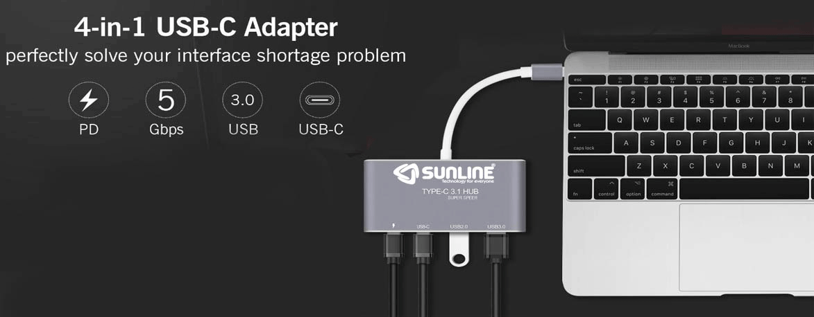 Sunline 170678 Type-C USB 3.0 X3/PD Şarj/Type-C Dönüştürücü Çoklayıcı