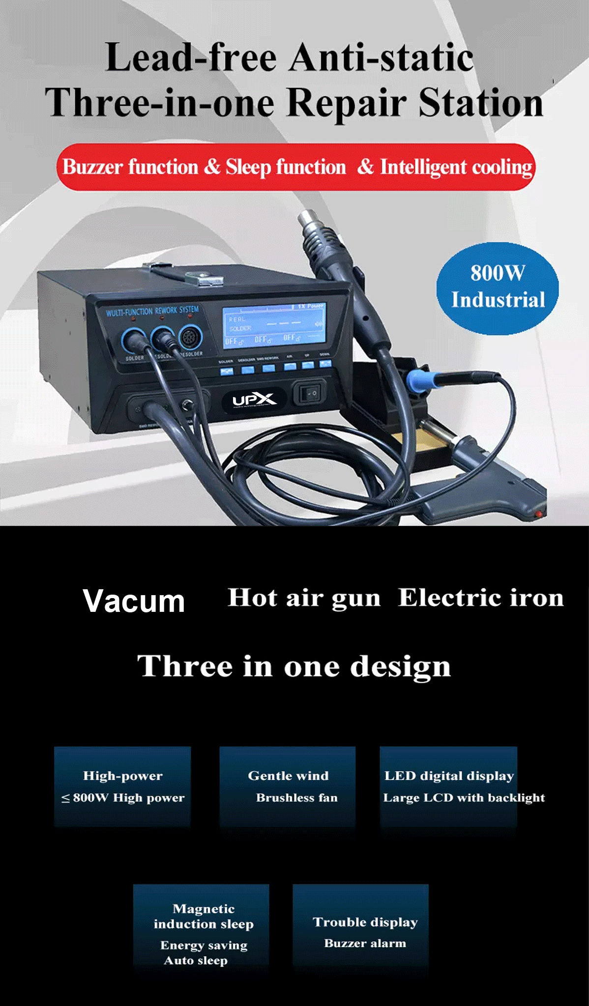 UPX 853D 3in1 Diyafram Sıcak Hava Lehimleme Vakum Havya İstasyonu